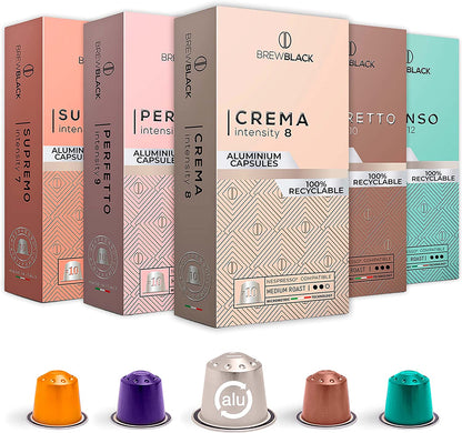 BrewBlack Coffee Pods Aluminium - 10 Coffee Capsules Medium & Dark Roast, Compatible with Nespresso Original line, Made in Italy Espresso Coffee