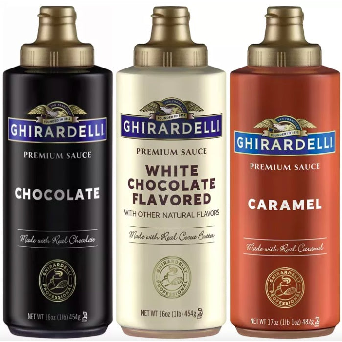 Ghirardelli Professional Premium Sauce Caramel, Dark Chocolate, White Chocolate for Coffee Syrup