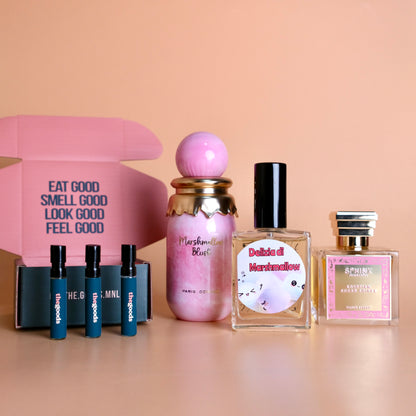 Marshmallow Scents Discovery Decant Set - Kyse Delizia di Marshmallow, Paris Corner Marshmallow Blush, Sphinx Egyptian Soiree